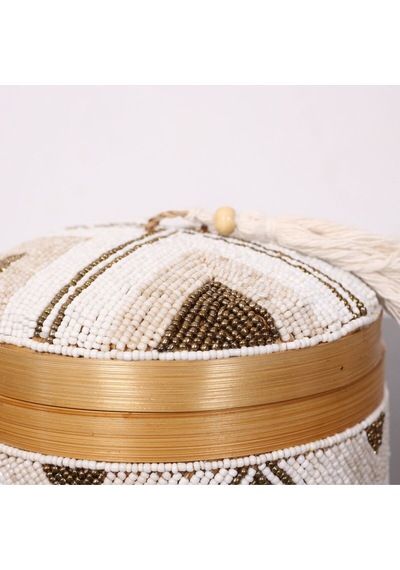 Bali Boncuklu Bambu Saklama Kutusu M 15x17 Cm Beyaz