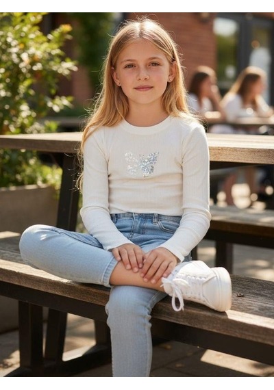 Zekids Kız Çocuk Boncuklu Kelebek İşlemeli Fitilli Uzun Kollu T-shirt-16380 Ekru