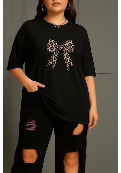 Büyük Leopar Desenli Klurdela Baskılı Unisex Tişört SIYAH