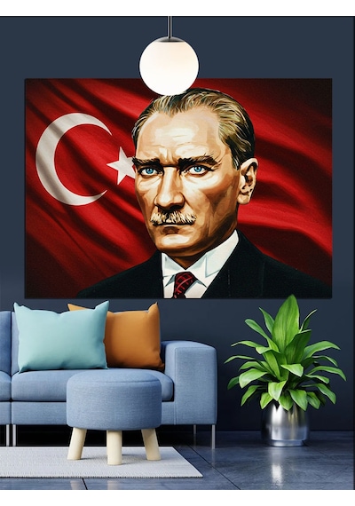 Bayrak Önünde Atatürk Portresi Dekoratif Kanvas - Mdf Ahşap Tablo
