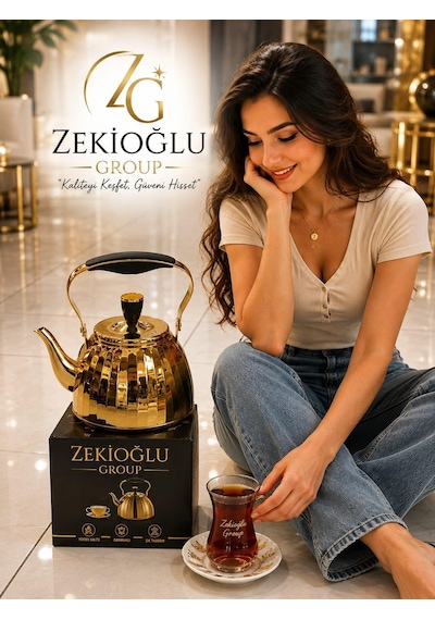 Zekioğlu 3 Litre Altın Gold Paslanmaz Çelik Çaydanlık Aynalı Gövde Ergonomik Sap 5 Katmanlı Kapsül Taban İthal Demlik Sarı