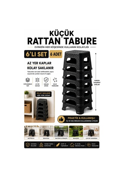 6 Lı Küçük Rattan Tabure Seti Siyah Mutfak Banyo Balkon Bahçe İçin İstiflenebilir Plastik Tabure Siyah