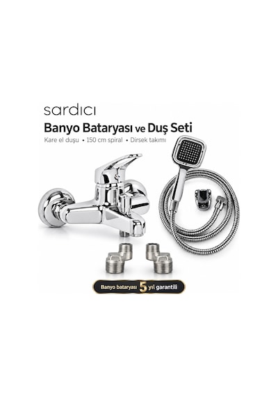 Sardıcı Krom Banyo Bataryası Seti Kare El Duşu 150 Cm Spiral Ve Dirsek Takımı Batarya