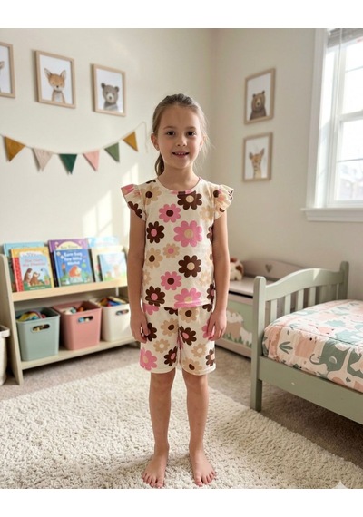 Aliş Kids Kız Çocuk Pamuklu Bej Rengi Papatya Desenli Kolları Fırfırlı Kısa Kollu Şortlu Yazlık Pijama Takımı Aliş Kids Kız Çocuk Pamuklu Bej Rengi Papatya Desenli Kolları Fırfırlı Kısa Kollu Şortlu Yazlık Pijama Takımı