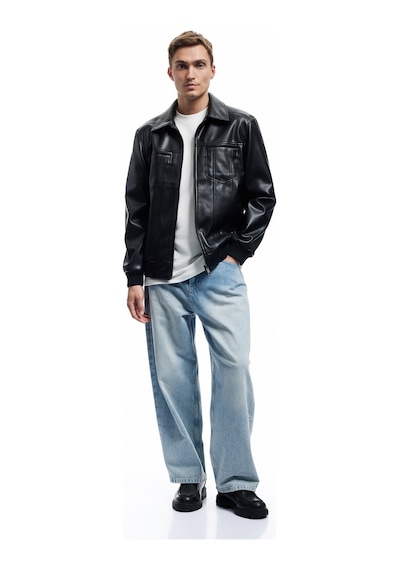 Koton Slim Fit Gömlek Yaka Fermuarlı Cep Detaylı Suni Deri Ceket Siyah 6wam20098hw Siyah