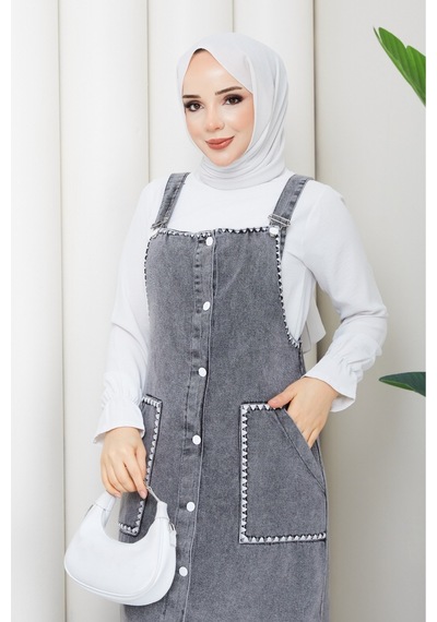 Dorne Moda Özel Üretim Kadın Askılı Nakış Detaylı Kot Salopet Siyah Siyah