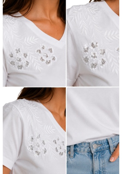 Cassime Kadın Beyaz %100 Pamuk Regular/normal Kalıp Omzu Çiçek Nakışlı Örme T-shirt