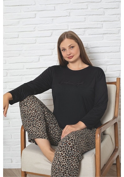 Büyük Beden Uzun Kollu Leopar Desen Milan Pijama Takımı Siyah Leopar