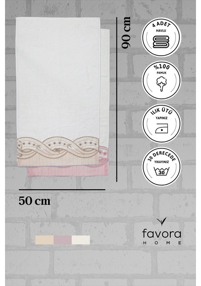 %100 Pamuk Fiyonk Güpürlü Çeyizlik 4'lü Havlu 50x90 - Pudra - Viz Pudra - Vizon