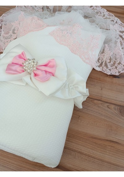 Pembe Bebek Battaniyesi Dantelli %100 Pamuklu Kundak Mevlütlük Hediyelik Hastane Çıkısı Yenidoğan Ekru - Pembe