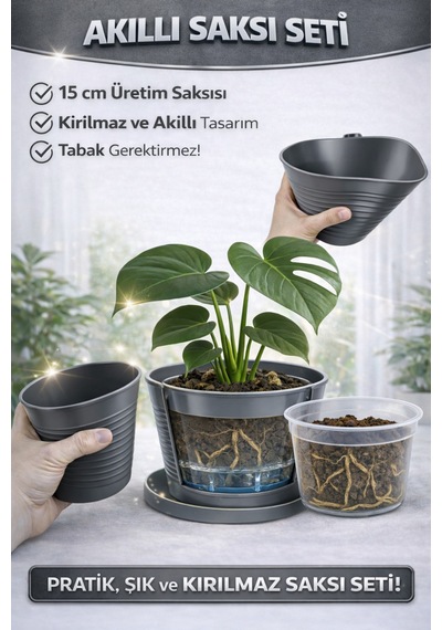 2 Li Saksı Seti 15 Pot Yarı Şeffaf Üretim Saksısı + 1,8 L Gri Dekoratif Kırılmaz Dış Saksı