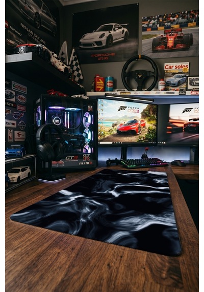 Mürekkep Duman Gaming Mousepad Xxl 90x40 Cm Kaymaz Taban Dikişli Kenar Siyah Beyaz Oyuncu Mousepad