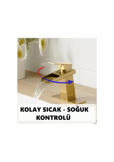 Rena Design Lavabo Bataryasi Mat Gold Şelale Kare Gövde Eğimli Havza Banyo Armatür Çift Giriş Lüks Ergonamik