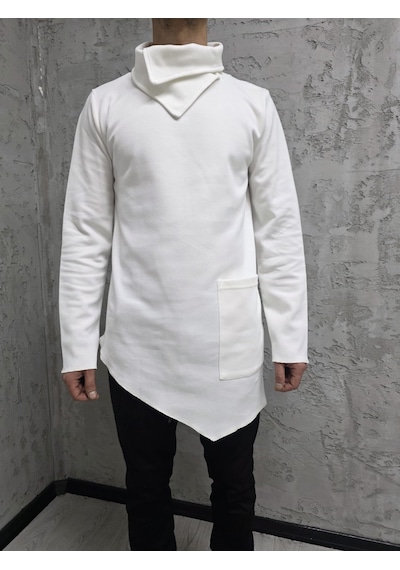 Şal Yaka Cep Detaylı Erkek Sweatshirt Beyaz