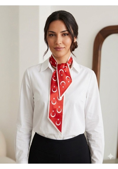 Tarzını Seç Ayyıldız Kravat Şerit / Eşarp / Fular 105x9 Cm Kırmızı Beyaz