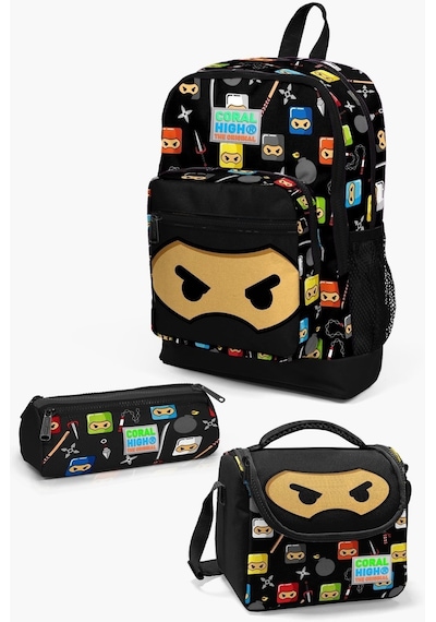 Kids Siyah Ninja Desenli 3 Lü Okul Çanta Seti Set0123473