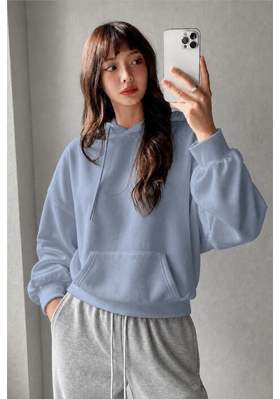 Cool Tarz Kadın Oversize Hoodie Sweatshirt Kapüşonlu Kanguru Cepli Mavi Mavi