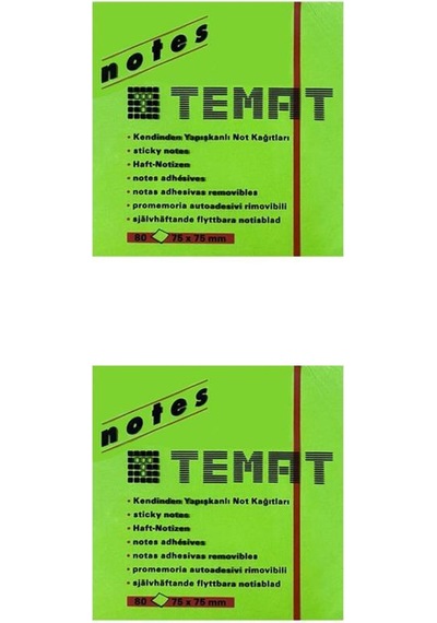Temat 75 X 75 Mm Fosforlu Yeşil Postit - Yapışkanlı Kağıt 2'Li