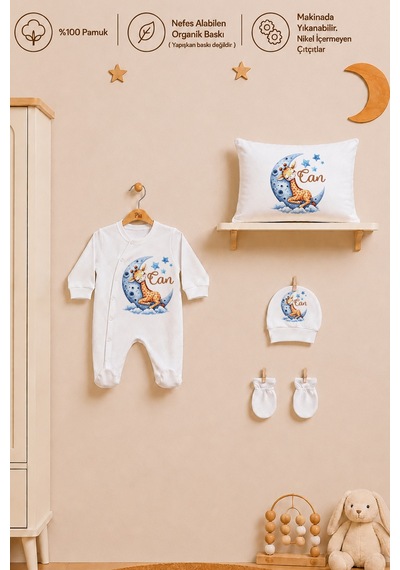 Pia Baby Kişiye Özel Erkek Bebek Hastane Çıkışı Tulum Seti %100 Pamuk İsimli Yastık Kılıfı Ve Battaniye 1038tyb3x Ekru