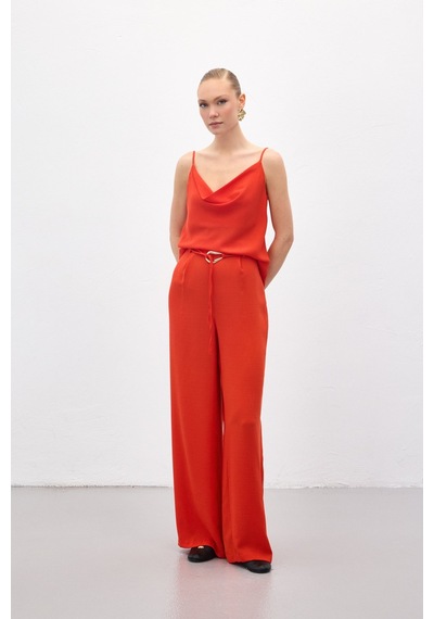 Sateen Kemerli Salaş Pantolon - Oranj-136698 Oranj