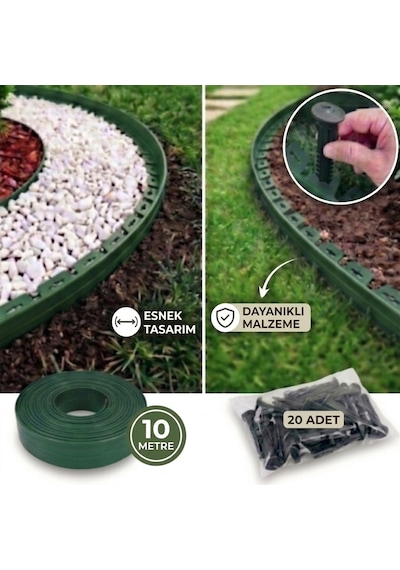 Esnek Çim Sınırlayıcı 10 Metre Çim Ayracı Bahçe Bordürü + 20 Sabitleme Çivisi Yeşil