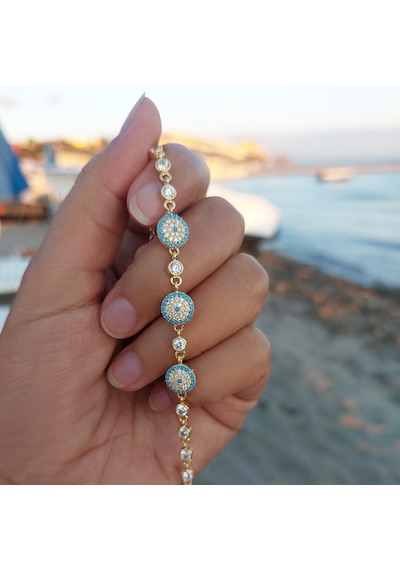 Vaoov 925 Ayar Gümüş Gold Su Yolu Nazar Bileklik