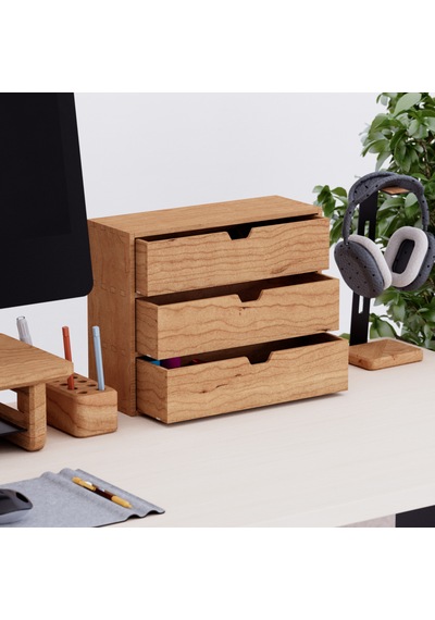 Desna Üç Katlı Üç Çekmeceli Dolap - Kiraz 34 Cm Uzunluk X 12.1 Cm Derinlik X 27.2 Cm Woodsaka Doğal Ahşap