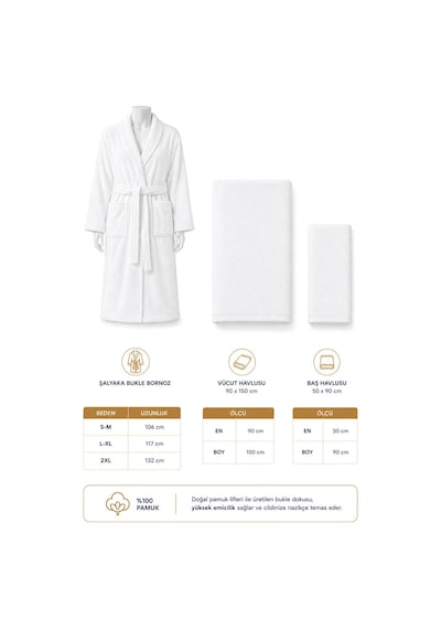 3 Parça Tek Kişilik Banyo Bornoz Ve Havlu Seti %100 Pamuk Serena Collection Beyaz