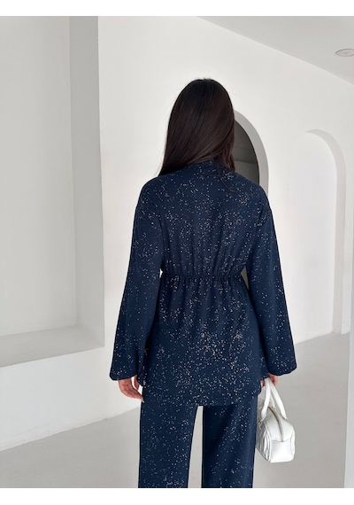 Kadın Simli Uzun Kol Modal Kumaş Kimono Pantolon İkili Takım Şık Ve Rahat Kadın Takım Lacivert Kadın Simli Uzun Kol Modal Kumaş Kimono Pantolon İkili Takım Şık Ve Rahat Kadın Takım Lacivert