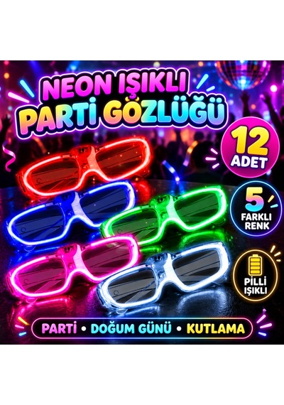 Ren.ga.renk Neon Işıklı Parti Gözlüğü Pilli 12 Li Paket 5 Renk Rengaren Diğer