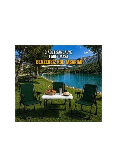 3 Adet Katlanır Bardaklıklı Kamp Sandalye Ve Masa Seti,taşınabilir Piknik Bahçe Sandalyesi Masa Seti Yeşil