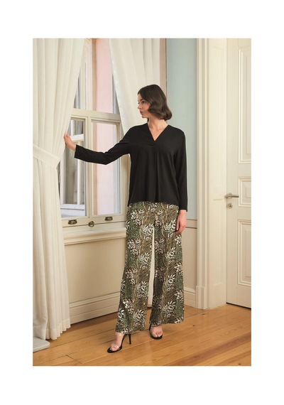 L'ombre Çiçek Yaprak Ve Etnik Desenli Uzun Kollu Pijama Takımı Siyah