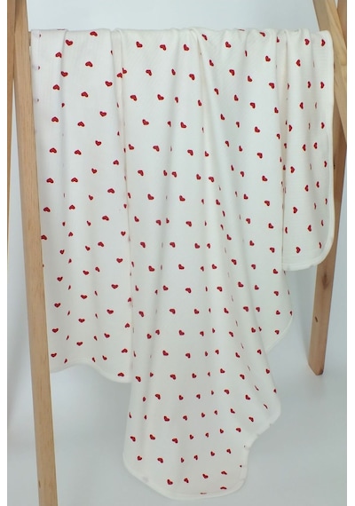 Kırmızı Kalpli %100 Pamuklu 80x90 Cm Tek Kat Bebek Battaniye Ekru