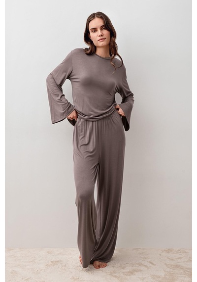 Uzun Kollu Oversize Basic Likralı Viskoz Alt Üst Takım 20210 Vizon