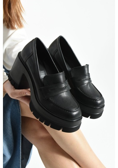 Dabab Shoes Loftıa Kadın Siyah Cilt Chunky Topuklu Loafer Siyah - Siyah