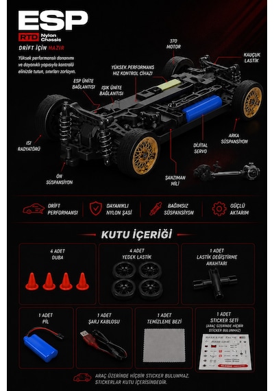 1/16 4wd 50 Km Hızlı E30 Rc Drift Uzaktan Kumandalı Yedek Lastikli Oyuncak Drift Araba Gri