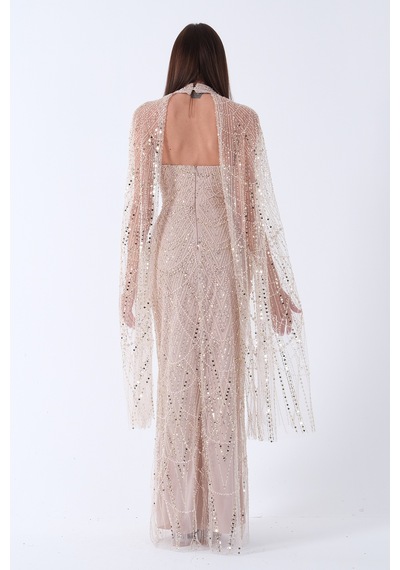Feminist Bej Boyundan Pelerin Detaylı Pul Payet İşlemeli Straplez Abiye 9705827