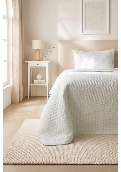 Ocean Home Textile Pamuklu Kapitoneli Açık Mavi Renk Çizgi Desen Tek Kişilik Yatak Örtüsü Seti 1 Adet 180 X 230 / 1 Adet 50 X 70 Cm