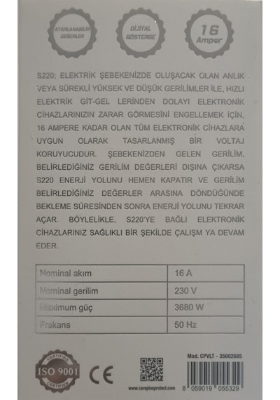 Care Protect Elektronik Cihaz Voltaj Koruyucu Beyaz Eşya & Ev Aletleri İçin Güvenli Koruma