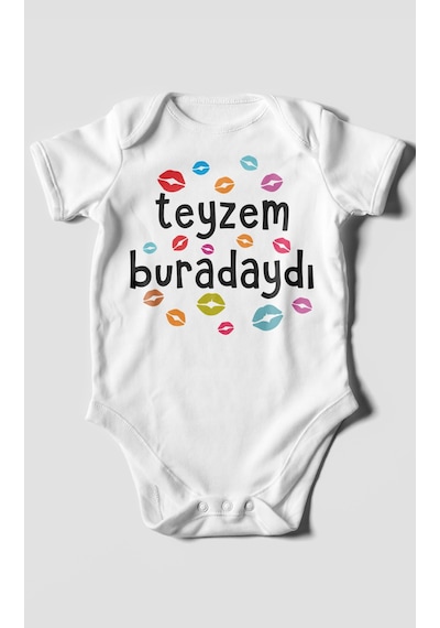 Teyzem Buradaydı Baskılı Bebek Zıbını Çıtçıtlı Body %100 Pamuk Kısa Kol Beyaz