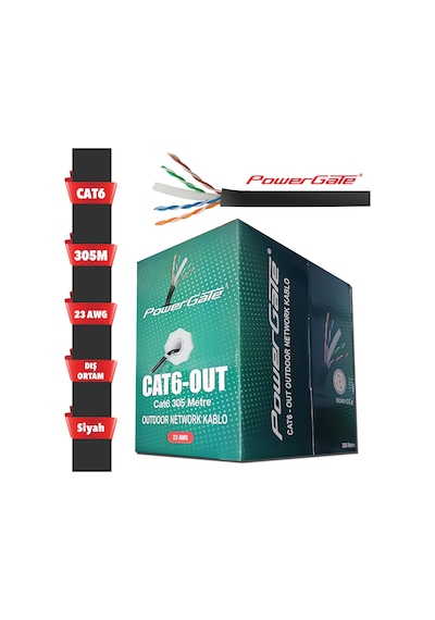 Powergate Cat6-out-cca, Outdoor Dış Mekan , Polietilen, 23awg 0.57mm, Utp, Cat6, Cca Kablo, 305m, Siyah