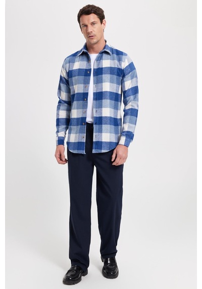 Tudors Erkek Slim Fit Dar Kesim Kareli Kışlık Oduncu Gömlek-42329 Mavi