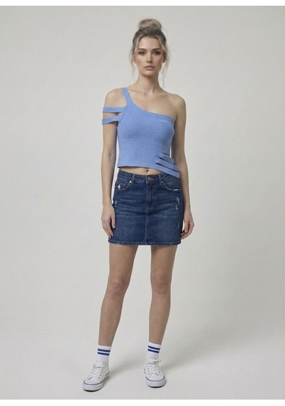 Neden Tekstil Asimetrik Tek Omuz Triko Crop Bluz - Mavi