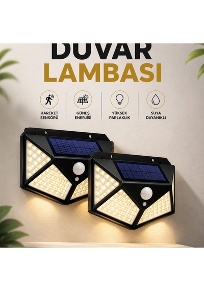 Solar Sensörlü Duvar Lambası 100 Led Ip65 Suya Dayanıklı Bahçe Aydınlatması Beyaz Işık