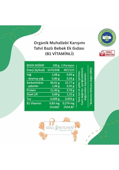 Organik Bebek Muhallebisi B1 Vitaminli Tahıl Bazlı Ek Gıda 250gr