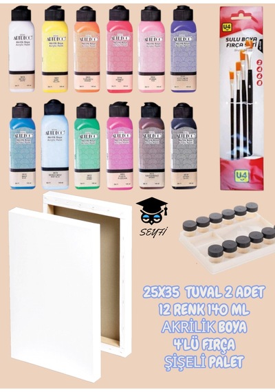 25x35 Tuval 2 Adet 12 Renk 140 Ml Akrilik Boya 4'lü Fırça Şişeli Palet