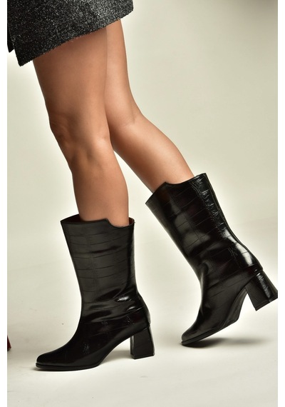 Fox Shoes Z758292511 Siyah Kroko Baskılı Kalın Topuklu Kadın Bot