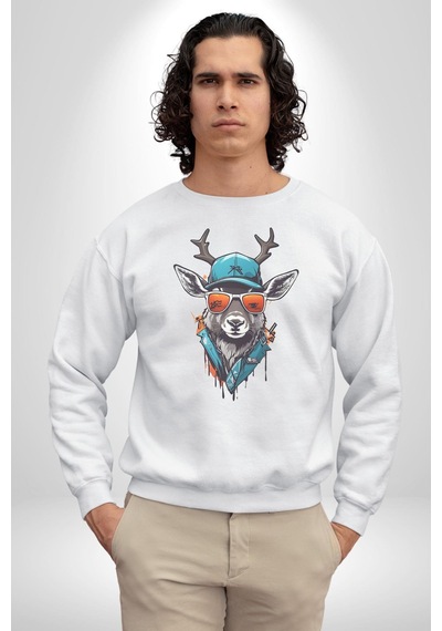 Güneş Gözlüğü Savaşcı Geyik Unisex Beyaz Baskılı Sweatshirt Beyaz