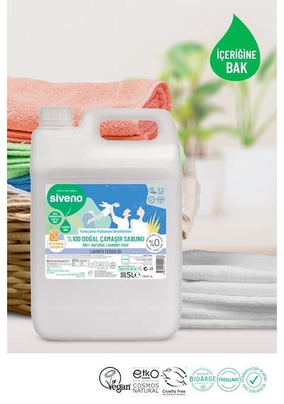 Siveno %100 Doğal Çamaşır Sabunu Bitkisel Deterjan Kendinden Yumuşatıcılı Konsantre Vegan 5 L