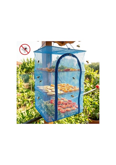Buffer 3 Katlı Fermuarlı Sebze Meyve Kurutucu File 40x40 Cm Katlı Askılı Kurutma Filesi 52 Cm Uzunluk Mavi